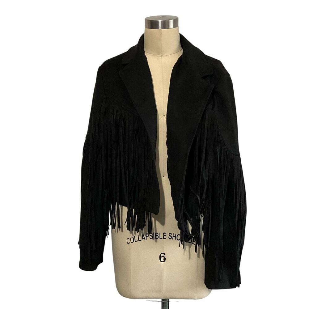 Fahsyee Black Fringe Buttonless Jacket: Y2K, 2000s
